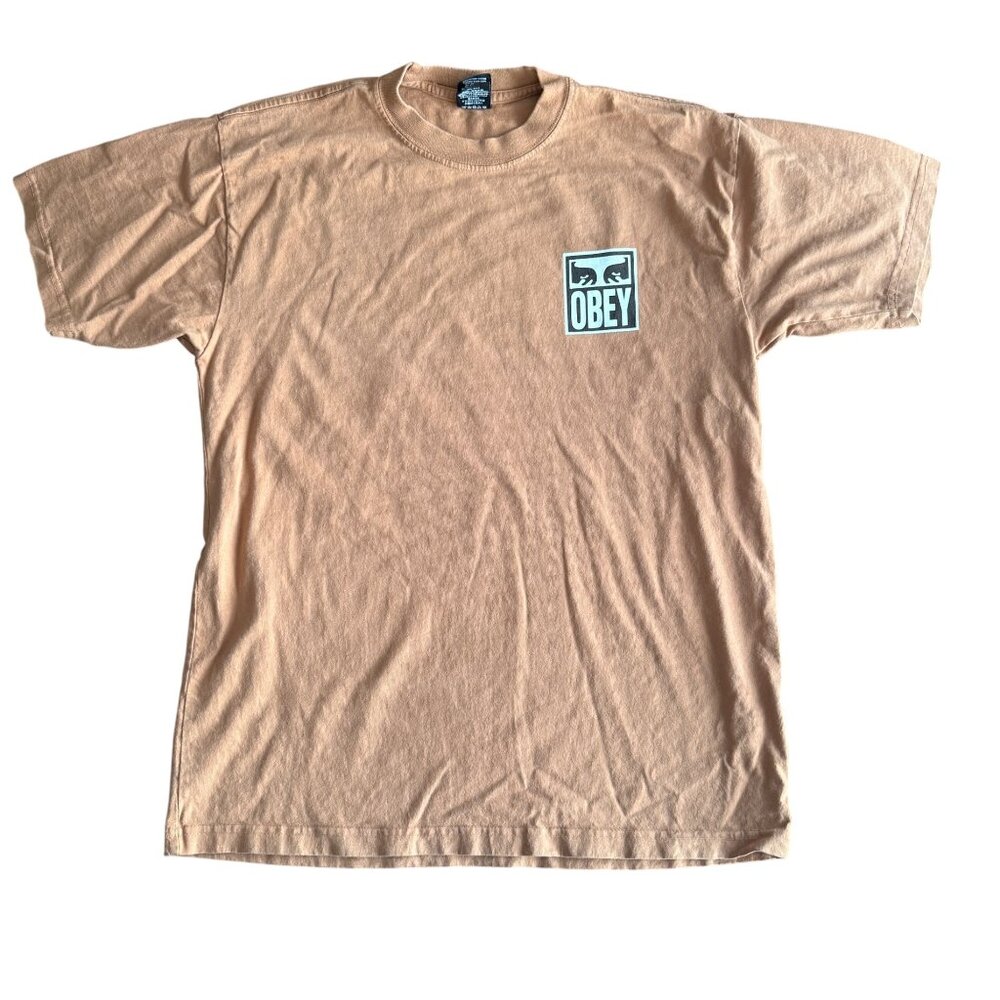 Obey Mens Graphic Tee T-Shirt Medium Tan Cotton Casual Crewneck